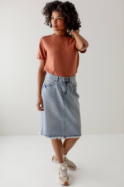 Sydney Distressed Raw Hem Denim Skirt