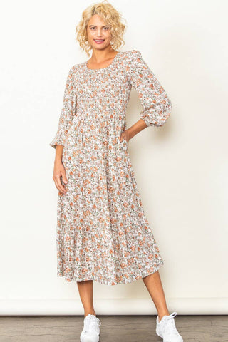 Vintage Floral Smocked Round Neck Midi Dress